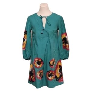 Anthropologie Blue Pink Floral Embroidered Keyhole Tunic Dress Size XXS